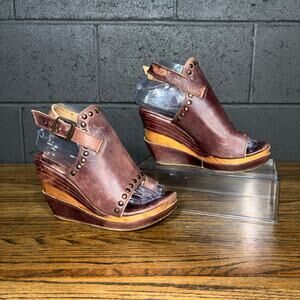 Bed Stu Leather Wedge Sandals Womens 7 Studded Open Toe Brown Made in Mexico